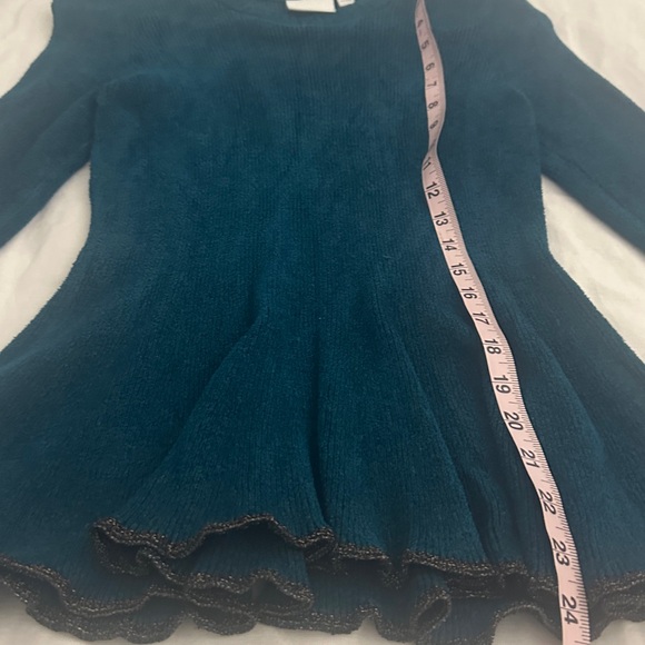 Anthropologie teal long sleeved sweater with ruffled hem. - Picture 7 of 9